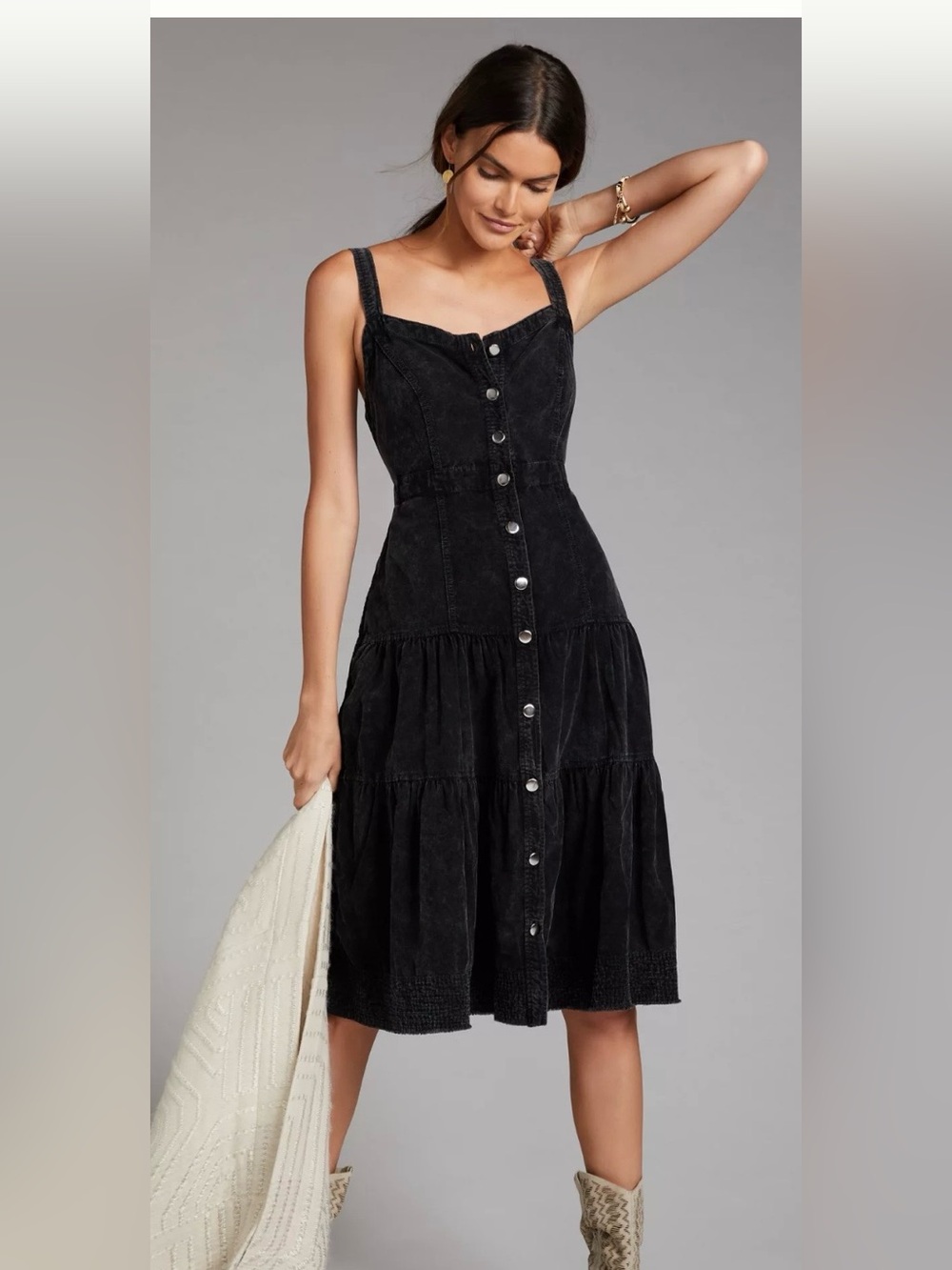 Pilcro Tiered Corduroy Dark Grey Midi Dress. Size 8